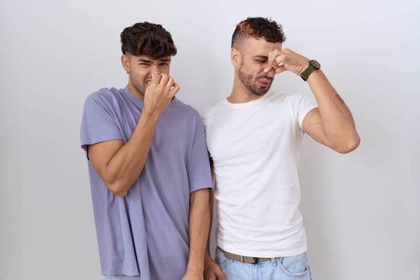 Couple homosexuel gay debout sur fond blanc sentant quelque chose de puant et dégoûtant, odeur intolérable, retenant souffle avec les doigts sur le nez. mauvaise odeur  - Photo, image