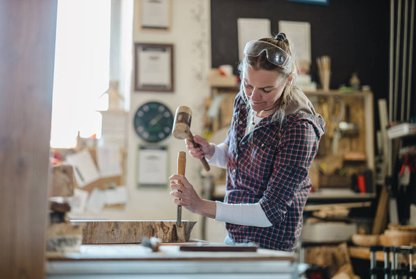Craftswoman working with wood in carpentry workshop - Фото, зображення