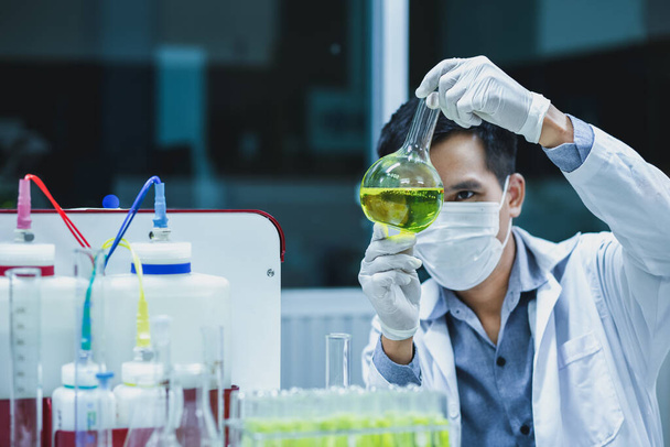 Scientist man research biotechnology from herbal plants for pharmaceutical and cosmetic product development. He is looking to form the sample solution in a bottle flask. Nanoparticle preparation - Foto, afbeelding