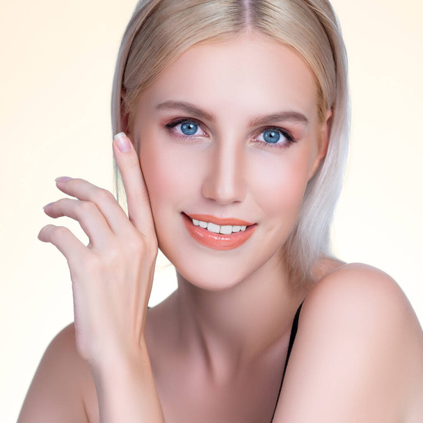 Closeup personable beautiful woman portrait with perfect smooth clean skin and natural makeup portrait in isolated background. Hand gesture with expressive facial expression for beauty model concept. - Zdjęcie, obraz