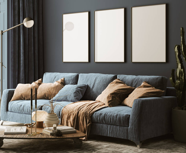 Mock-up frame in dark blue home interior, 3d render - Zdjęcie, obraz