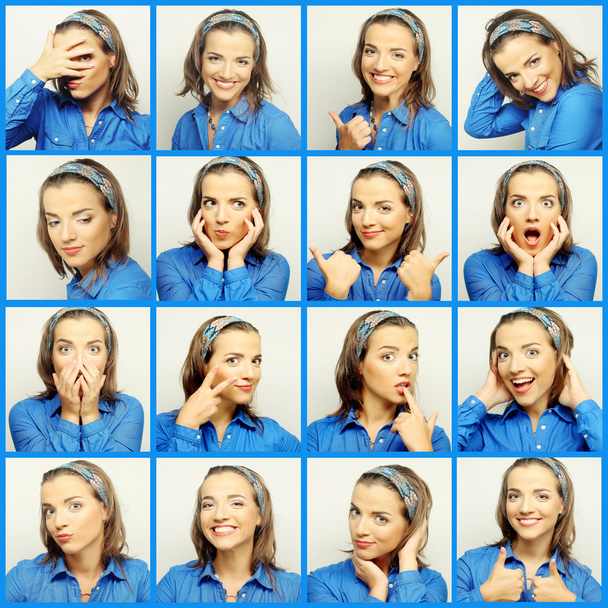 Collage of young woman face expressions - 写真・画像