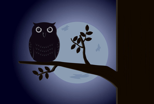 búho en el bosque por la noche, ilustración vectorial  - Vector, imagen