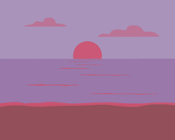 Sunset. Illustration of a seascape with a moon  river and the setting sun in the evening.Calm water and shore.Background image without people. Flat vector - Vector, imagen