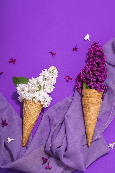 Bílé a fialové šeříkové květy ve vaflových zmrzlinových kornoutech na purpurovém pozadí. Plochý, tradiční jarní koncept, pohlednice, tvrdé světlo, tmavý stín, horní pohled - Fotografie, Obrázek