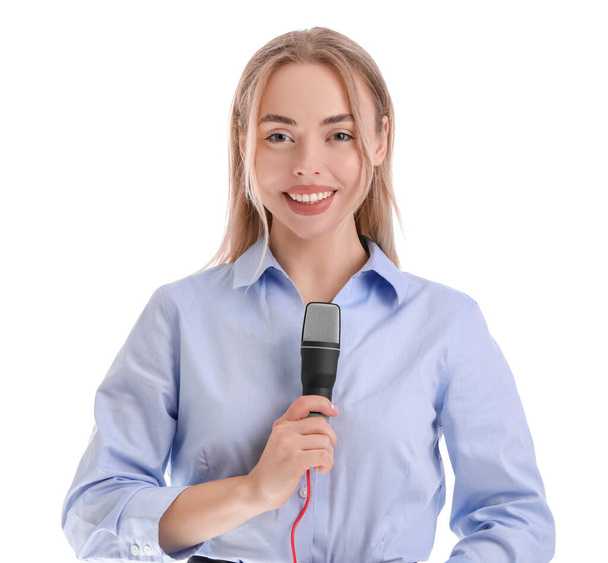 Női újságíró mikrofon fehér háttér - Fotó, kép