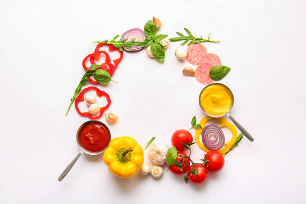 Frame made of ingredients for preparing pizza on white background - Foto, Bild