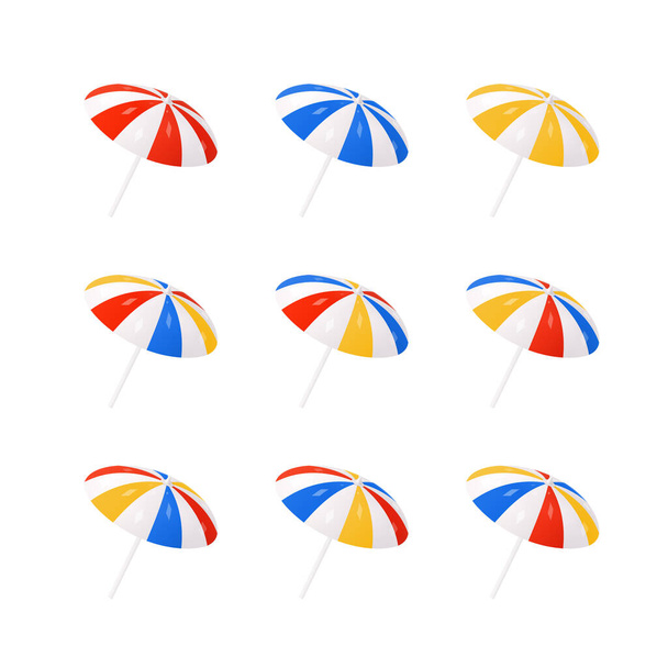 Beach Smbrella Icons Set. Summer Parasol Sign. Colorful White, Blue, Red, Yellow Stripes. Various color alternations. Icons isolated on white. Realistic Cartoon Design Clip-Art. 3D Vector Illustration - Vektör, Görsel