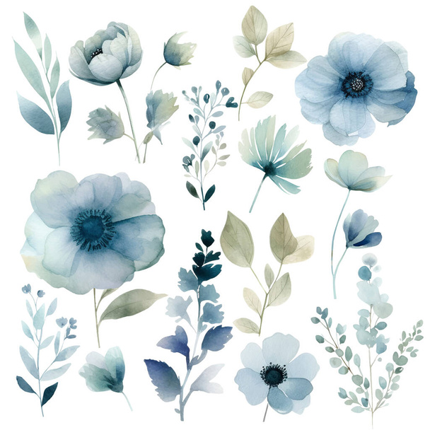 Набір акварельних квітів: реалістичні квіткові ілюстрації для простих і елегантних весільних дизайнів, шпалери, привітання, шпалери, мода
 - Вектор, зображення