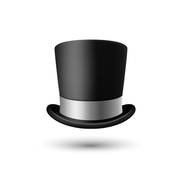 Vector 3d Realistic Black Top Hat Icon with Silver Color Ribbon Closeup Isolated on White Background. Classic Retro Vintage Top Hat, Vintage Gentlemans Mens Hat, Front View. - Вектор,изображение