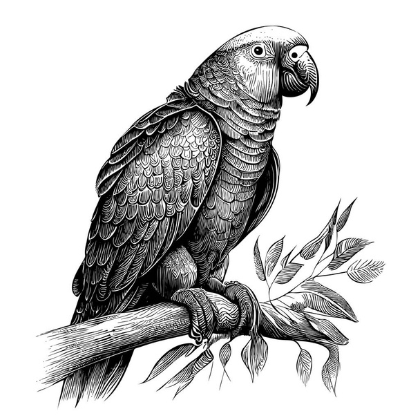 Parrot sitting on branch hand drawn sketch illustration - Vector, afbeelding