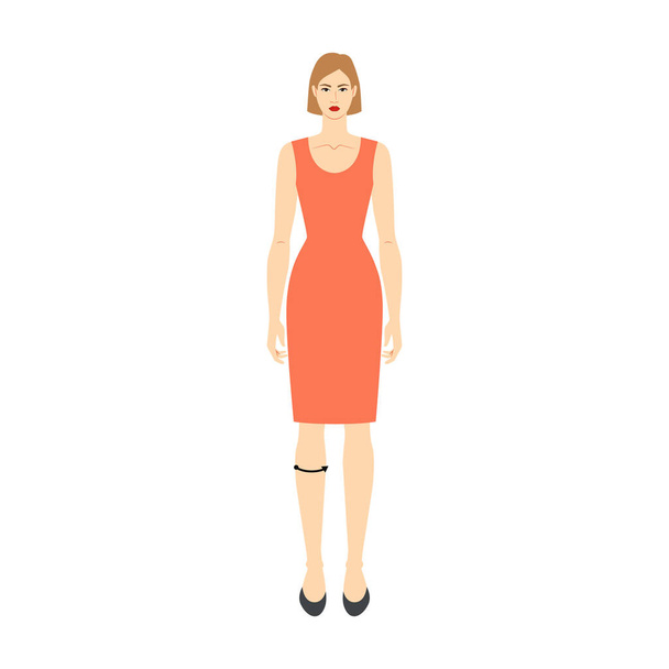 Women to do calf measurement body with arrows fashion Illustration for size chart. Flat female character front 8 head size girl in red dress. Human lady infographic template for clothes - Vector, Image