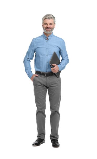 Mature businessman in stylish clothes with laptop on white background - Φωτογραφία, εικόνα