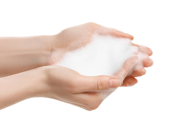 Woman with bath foam on white background, closeup - Photo, Image