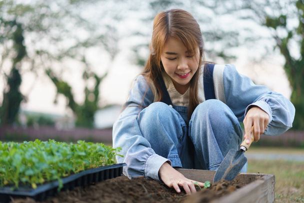 Junge Frau züchtet mit Kelle Gemüsesetzlinge in Erde auf Gemüsebeet vor Haus. - Foto, Bild