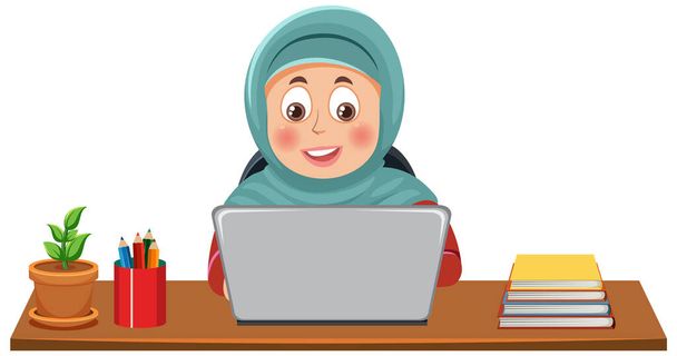 Мусульманка, работающая за векторным столом - Вектор,изображение