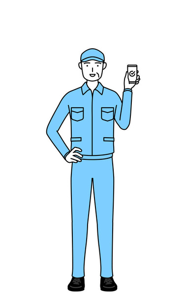 Senior man in hat and work clothes using a smartphone at work, Vector Illustration - Vector, Image