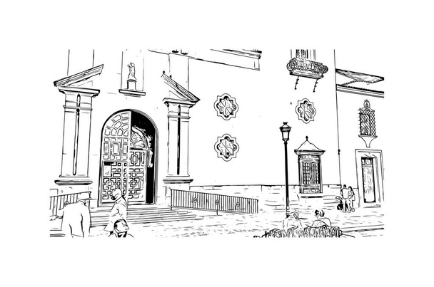 Drukuj Widok budynku ze znakiem rozpoznawczym Ronda to miasto w Hiszpanii. Ręcznie rysowany szkic ilustracji w wektorze. - Wektor, obraz