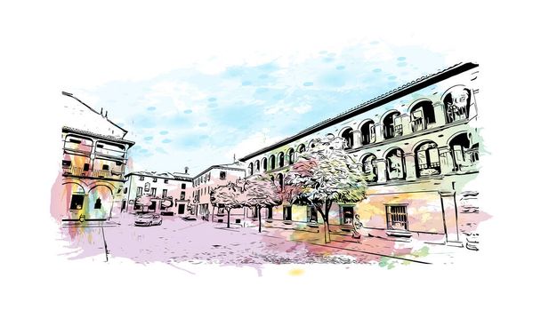 Afdrukken Gebouw uitzicht met bezienswaardigheid van Ronda is een stad in Spanje. Aquarel plons met de hand getekend schets illustratie in vector. - Vector, afbeelding