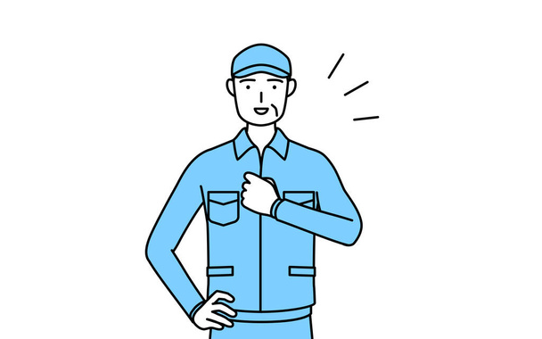 Homme âgé en chapeau et vêtements de travail tapant sur sa poitrine, Illustration vectorielle - Vecteur, image