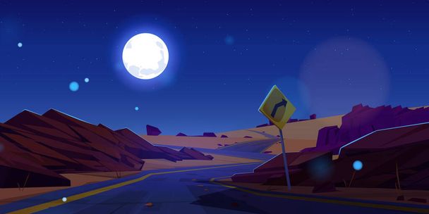 Curve desert road night landscape vector background with turn sign. West arizona sand scene with empty canyon highway. Dark rock valley direction in american wilderness route roadtrip scenery. - Vektor, kép