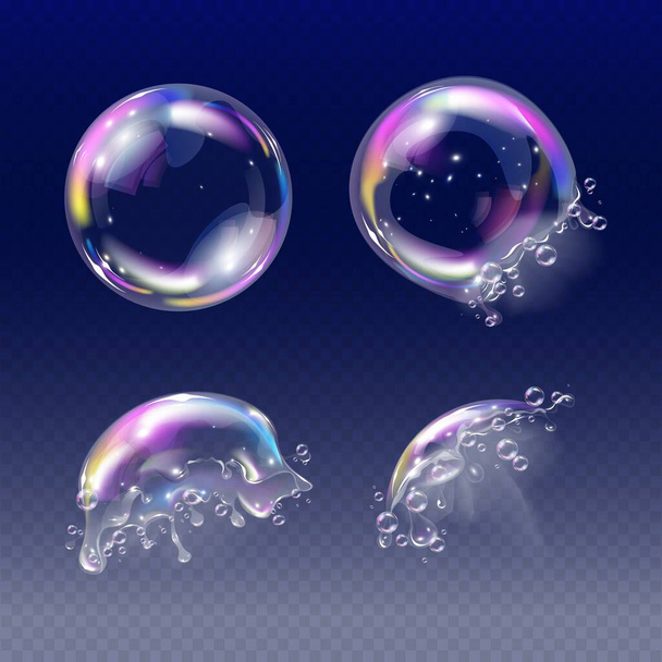 Реалистичные мыльные пузыри пены на разных стадиях при взрыве на прозрачной заднегруппированной изолированной векторной иллюстрации - Вектор,изображение