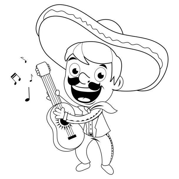 Mexican mariachi man playing the guitar. Vector black and white coloring page. - Vektör, Görsel