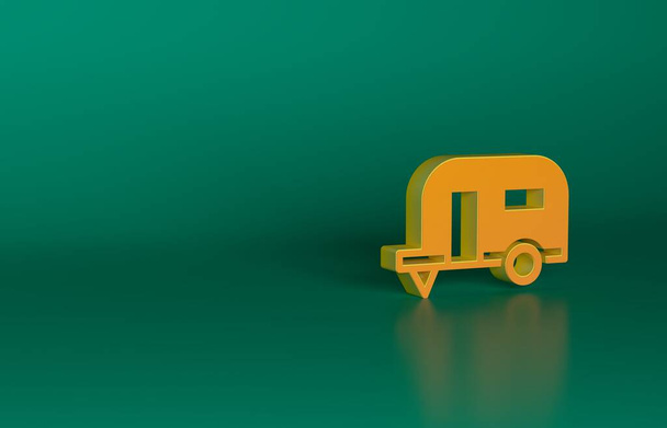 Orange Rv Camping trailer icon isolated on green background. Travel mobile home, caravan, home camper for travel. Minimalism concept. 3D render illustration. - Photo, Image