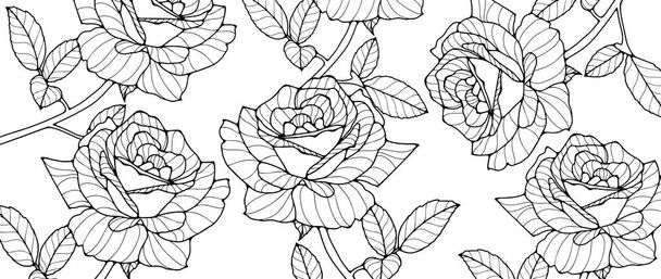 Black and white floral picture with roses for coloring pages, decor, backgrounds, cards and presentations - Vector, Image