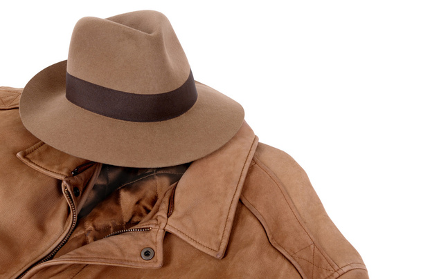 Fedora と革のジャケット - 写真・画像