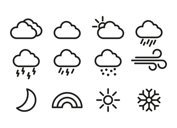 Explore una variedad de ilustraciones vectoriales relacionadas con el clima que capturan diferentes condiciones atmosféricas y elementos, incluyendo días soleados, cielos nublados, lluvia. - Vector, imagen