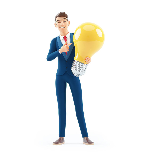 3D-Cartoon Geschäftsmann zeigt auf große Glühbirne, Illustration isoliert auf weißem Hintergrund - Foto, Bild