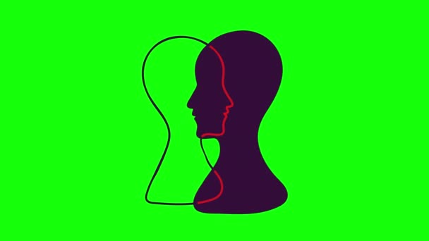 BPD Einfaches Konzept. Animierte minimalistische Ikone des menschlichen Kopfes mit bipolarer Störung oder Borderline-Persönlichkeitsstörung. Emotionaler Dualismus und geteilte Persönlichkeitsstörung. Grüner Bildschirm. - Filmmaterial, Video