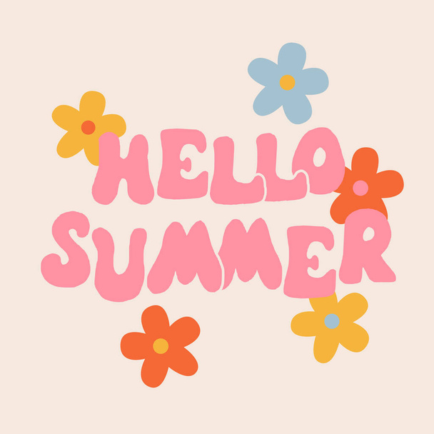 Hello summer on bright abstract background. Colorful poster with brush lettering about summer. Vivid illustration in retro color style. Vintage colors and shapes. - Vektor, obrázek