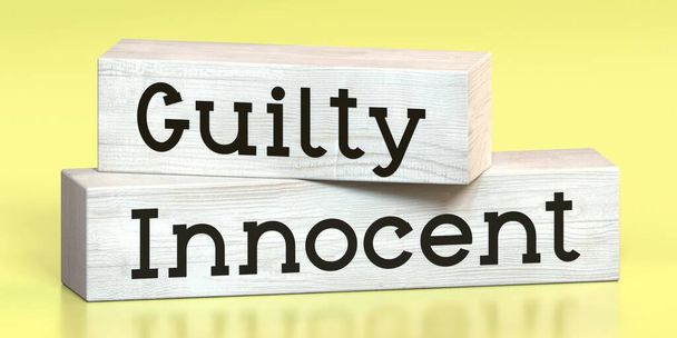 Nevinný, vinen - slova na dřevěných blocích - 3D ilustrace - Fotografie, Obrázek