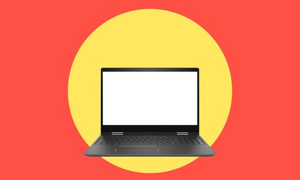 Kreative Collage-Anzeigen und Anwendungen verwenden Laptop, um Internet-Kommunikation isoliert auf rotem Hintergrund zu übertragen. Das Konzept der Technologie. - Foto, Bild