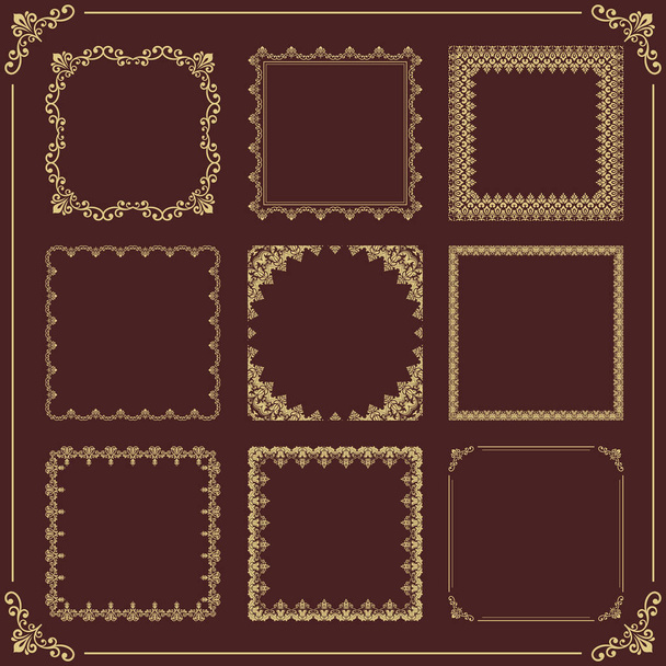 Vintage set of vector patterns. Brown and golden square elements for decoration and design frames, cards, menus, backgrounds and monograms. Classic patterns. - Vector, Image