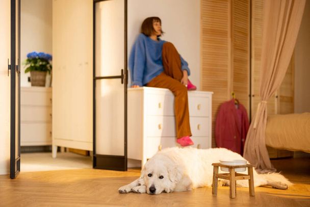 Young woman relaxes with her cute dog lying on the floor in front. Domestic lifestyle and home coziness concept. Maremma shepherd dog - Photo, image
