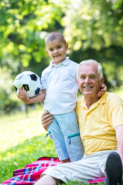 дедушка и ребенок веселятся в парке - Фото, изображение