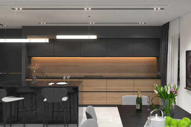 Open plan dining room arranging, matching with kitchen, 3D render - Zdjęcie, obraz