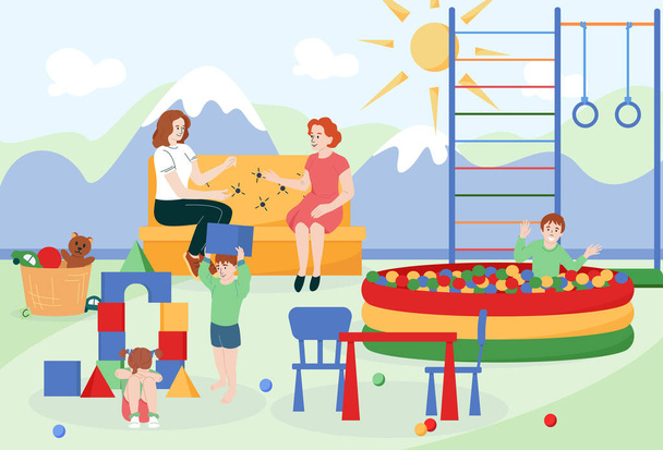 Children room flat composition with two mothers talking and looking after their playing kids vector illustration - Vector, Image