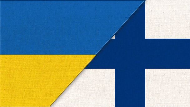 Flags of Ukraine and Finland. Two Flags. National symbols of Ukraine and Finland. Ukrainian and Finnish relations. diplomatic relations between two countries.Football game. Friendship of two countries - Foto, imagen
