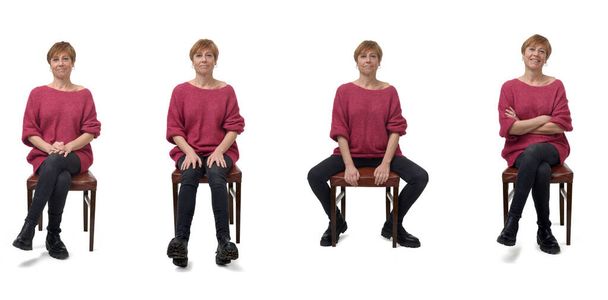 μπροστινή όψη της ίδιας γυναίκας διάφορες στάσεις κάθεται σε καρέκλα σε λευκό φόντο - Φωτογραφία, εικόνα