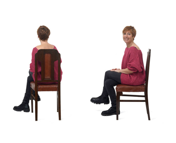 takana ja sivussa näkymä sama nainen istuu tuolilla rajat jalkainen valkoisella pohjalla - Valokuva, kuva