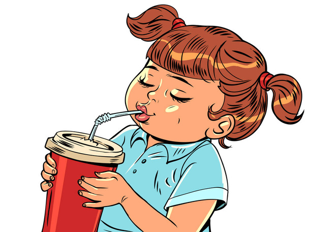 Fast food restaurant for kids and families. Takeaway water and cola. Girl drinking from a glass with a straw. Comic cartoon pop art retro vector illustration hand drawing - Vector, Image