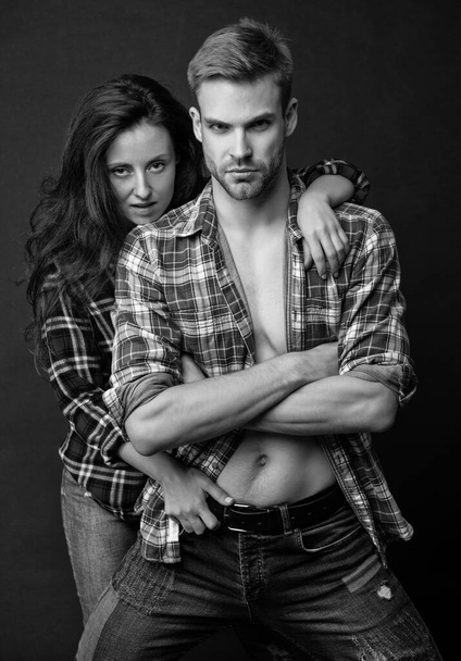 relationship of girl and handsome guy on black background, love. - Foto, Bild