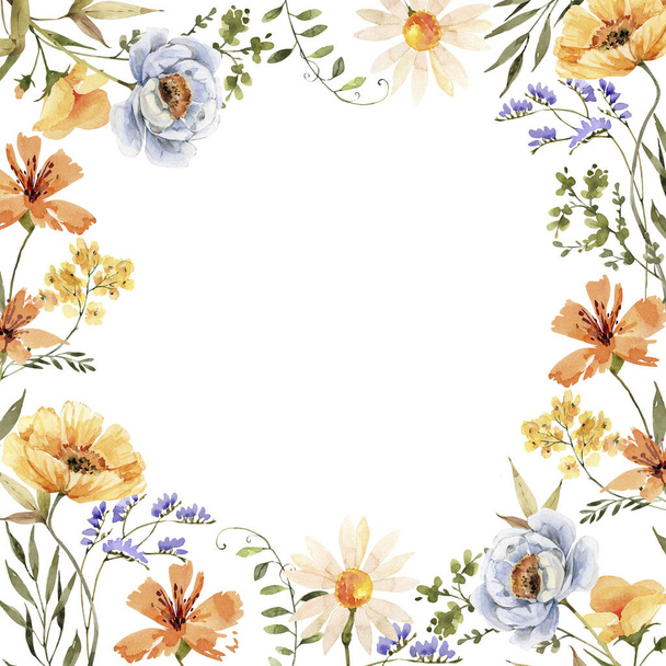 Watercolor frame of colorful flowers . hand painted for design and invitations. - Foto, afbeelding