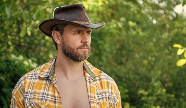 farmer man in cowboy hat. sexy man in checkered shirt. western man wearing hat. - Fotó, kép