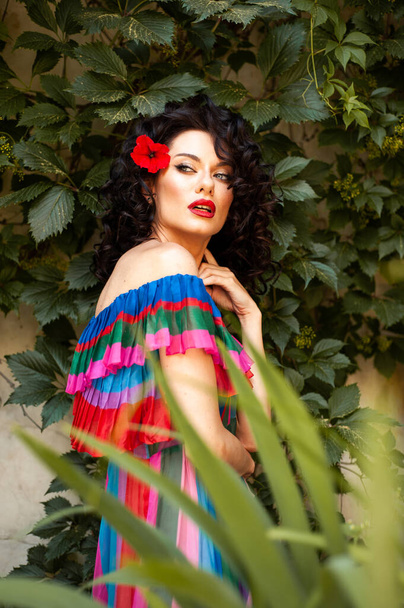 beautiful woman in colorful mexican style posing in the park  - Фото, зображення