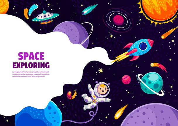 Space exploring cartoon starship, space planets and astronaut in galaxy. Vector background with funny kid cosmonaut flying in weightlessness explore outer cosmos with asteroids, ufo and starship - Vector, Imagen